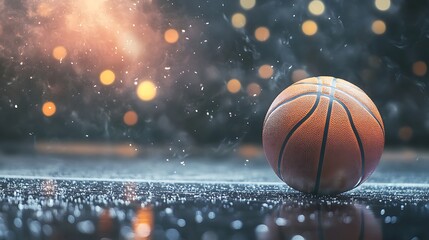 Fototapeta premium Basketball Night: Lone Ball on Wet Court, Dramatic Lighting