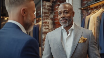 Older Black man consulting with stylist in luxury boutique, promoting personalized shopping experience