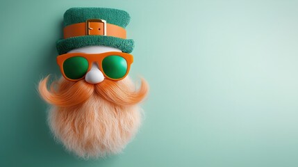 3D leprechaun head with orange mustache and sunglasses, promoting Irish holiday festivity