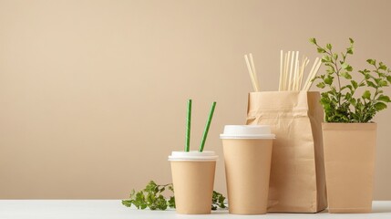 a top view of eco-friendly food packaging. Paper containers bag straws and green twigs on a white table with a beige background