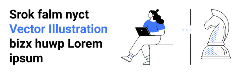 Woman sitting with a laptop, text block, and a chess knight piece, representing technology, business, strategy, and innovation. Ideal for business presentations, websites, and educational content