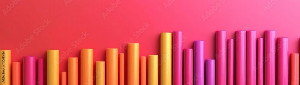 Poster a vibrant arrangement of colorful cylindrical shapes on a red background, creating a dynamic and pla