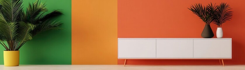 A modern interior featuring vibrant green and orange walls, a stylish white cabinet, and decorative plants for an inviting atmosphere.