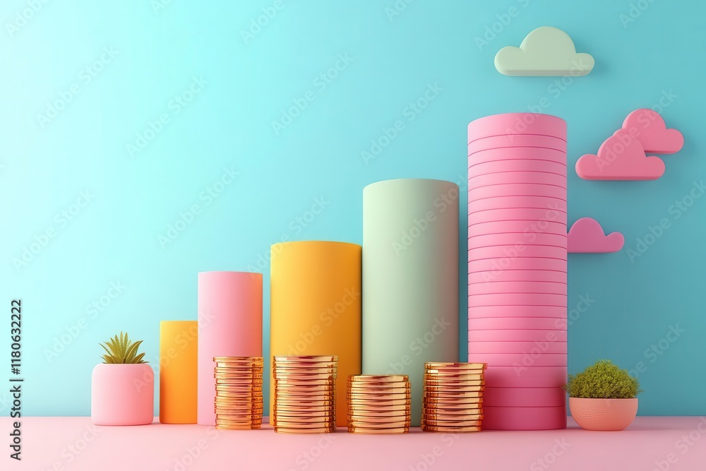Poster trend growth overview flat design front view economic modeling theme 3d render colored pastel
