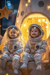 Fototapeta premium Two children dress up as astronauts, pretending to launch a spaceship to the moon