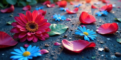 Blue and red flower petals scattered on the ground, sunflowers, daisies