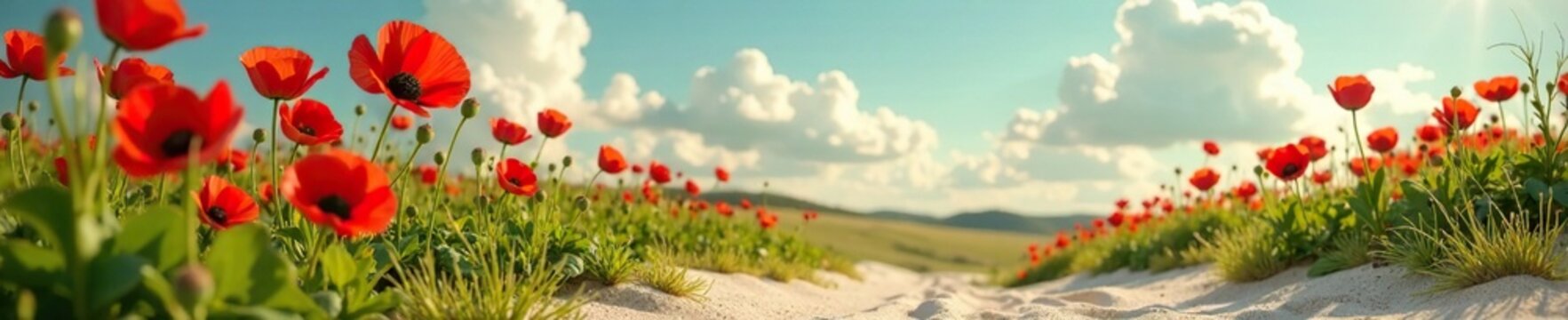Bl?hende Kornblumen und Mohn auf einem sandigen Boden, , Mohn