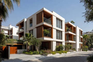 Obraz premium Modern apartment building with wooden accents and balconies. Ideal for real estate, architecture, and urban lifestyle websites.