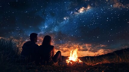 Cozy Nights Under the Stars: A Romantic Scene of a Couple Sitting by a Campfire, Gazing at the Stunning Sky Filled with Bright Stars and a Dazzling Milky Way