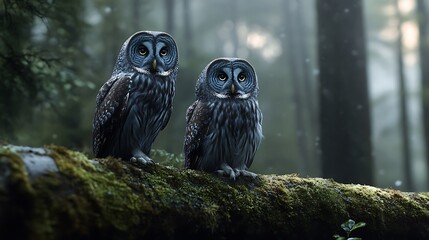 Majestic Great Grey Owls: A Serene Forest Portrait