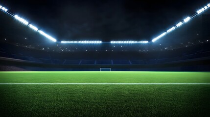 Illuminated Football Field Under Stadium Lights with Dark Background and Copy Space. Ideal for Sports, Team Events, and Marketing Concepts