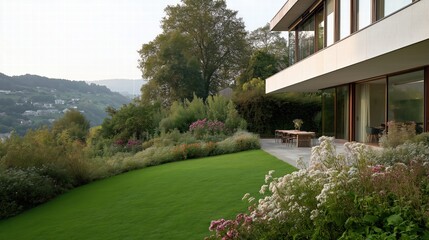 Modern House with Lush Garden Overlooking Hills
