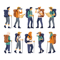 Men and women hiking with backpack and climbing equipments