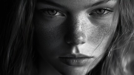 Fototapeta premium Intense Monochrome Portrait of a Woman with Freckles