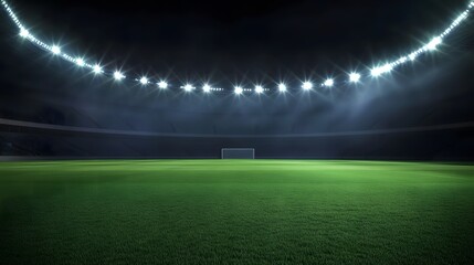 Illuminated Football Field Under Stadium Lights with Dark Background and Copy Space. Ideal for Sports, Team Events, and Marketing Concepts