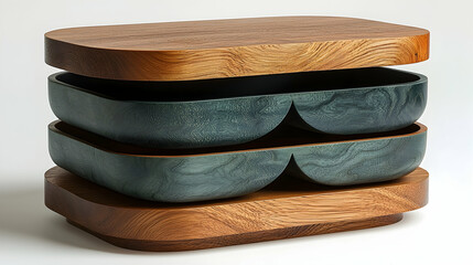 Stacked wooden bento box, studio shot, natural wood grain, teal compartments, food storage.