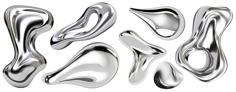 PNG Abstract liquid chrome shapes set, isolated on transparent background