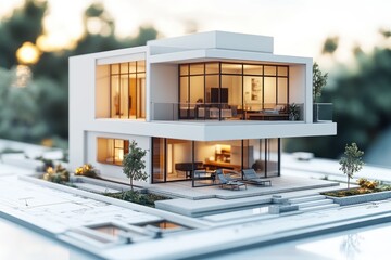 Contemporary Two-Story House with Large Windows and Modern Design on Architectural Blueprint Background