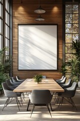Modern Conference Room with Wooden Walls, Large Windows, and Minimalist Decor Featuring a Blank Canvas and Greenery