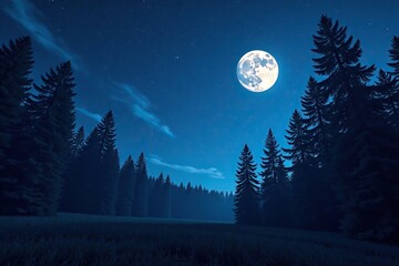 Fototapeta premium Dark forest under starry night sky with moonlit trees, trees silhouetted, nature