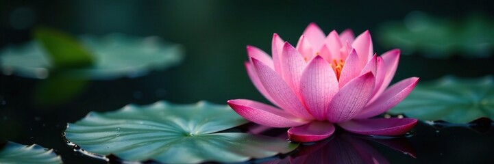 Fototapeta premium Delicate lotus petals unfold on dark waters surface, water lily, bloom,