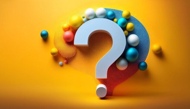 A colorful composition featuring a large question mark surrounded by vibrant spheres against a bright yellow background. - Powered by Adobe