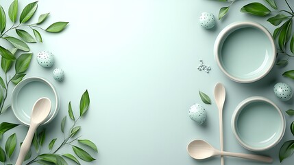 Green Bowls Spoons and Leaves Minimalist Arrangement