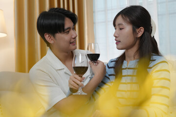 Romance Valentine's day celebration. Cheerful Asian young couple lover embracing love. Human relationship, emotions, bonding romantic holidays. Happy two people celebrate honeymoon or anniversary.