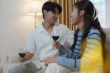 Romance Valentine's day celebration. Cheerful Asian young couple lover embracing love. Human relationship, emotions, bonding romantic holidays. Happy two people celebrate honeymoon or anniversary.