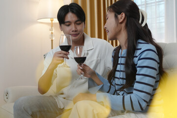 Romance Valentine's day celebration. Cheerful Asian young couple lover embracing love. Human relationship, emotions, bonding romantic holidays. Happy two people celebrate honeymoon or anniversary.