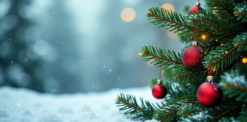 Obraz premium fir branches with Christmas decorations on a plain plane background, winter, Christmas, tree