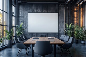Modern Industrial Conference Room with Large Screen and Stylish Furniture for Business Meetings