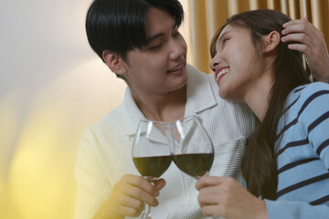 Romance Valentine's day celebration. Cheerful Asian young couple lover embracing love. Human relationship, emotions, bonding romantic holidays. Happy two people celebrate honeymoon or anniversary.