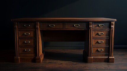 A large wooden desk with six drawers sits in a room