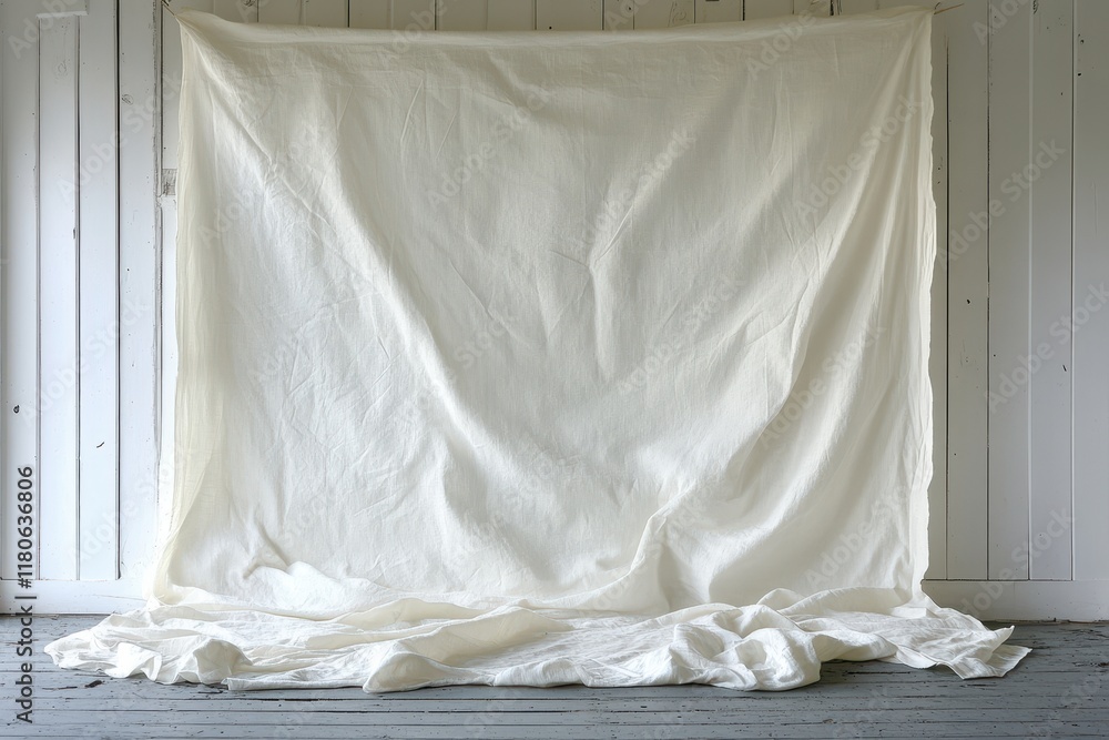Poster cream linen fabric draped on floor, rustic backdrop. perfect for minimalist product photography or a