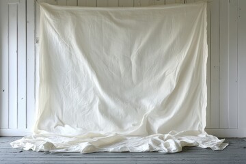 Cream linen fabric draped on floor, rustic backdrop. Perfect for minimalist product photography or adding texture to your design projects.