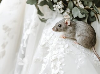 Adorable Gray Rat Explores Elegant White Lace Wedding Dress with Delicate Floral Bouquet