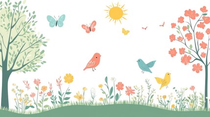 Springtime Meadow Scene with Birds and Butterflies