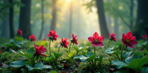 Fototapeta premium Hellebore flowers in a misty forest atmosphere, foliage, nature