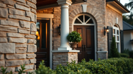 Partial view of a house's exterior, featuring stone facade, a columned entrance, a dark brown door with arched window above, and lush green landscaping.  Warm lighting enhances the stone textures.
