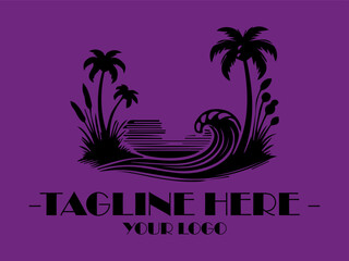 Obraz premium Black tropical scene with palms, hut, water, and moon. Perfect for background designs, travel promotional materials, or naturethemed projects and background illustration vector