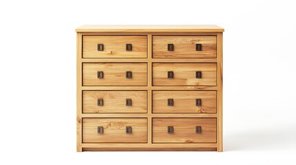 A wooden chest of drawers with a white background