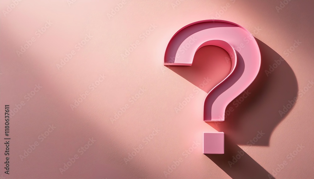 Poster a minimalist pink question mark on a textured background, casting a soft shadow, symbolizing inquiry