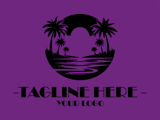 Black tropical scene with palms, hut, water, and moon. Perfect for background designs, travel promotional materials, or naturethemed projects and background illustration vector