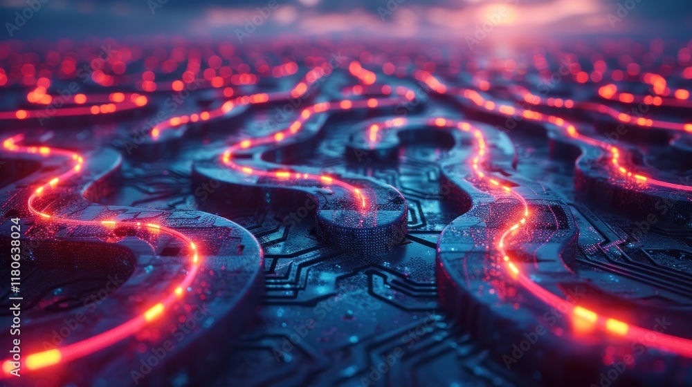 Poster abstract cyberpunk circuitry: glowing red lines on a dark technological surface