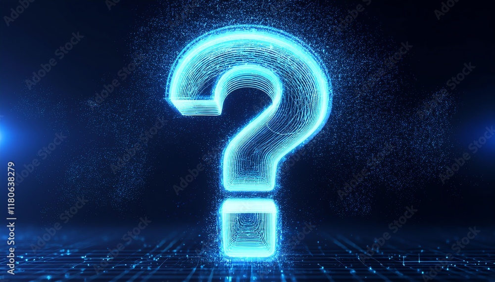 Poster a glowing digital question mark symbolizing queries, uncertainty, or the search for answers in a fut