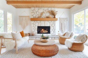 Boho living room with rattan furniture and warm decor