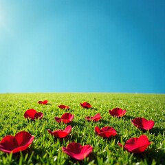 Fototapeta premium Red rose petals scattered on the grass beneath a clear blue sky, roses, petals, flowers