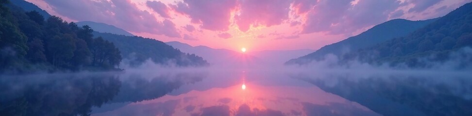 Serene foggy lake landscape with nebula background, hazy, space