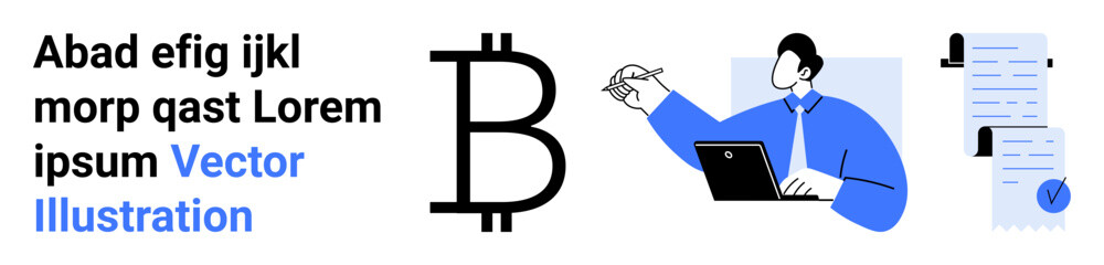 Bitcoin symbol, man working on a laptop, documents with checkmark, text in black. Ideal for financial services, cryptocurrency, business presentations, marketing, education, remote work, landing page